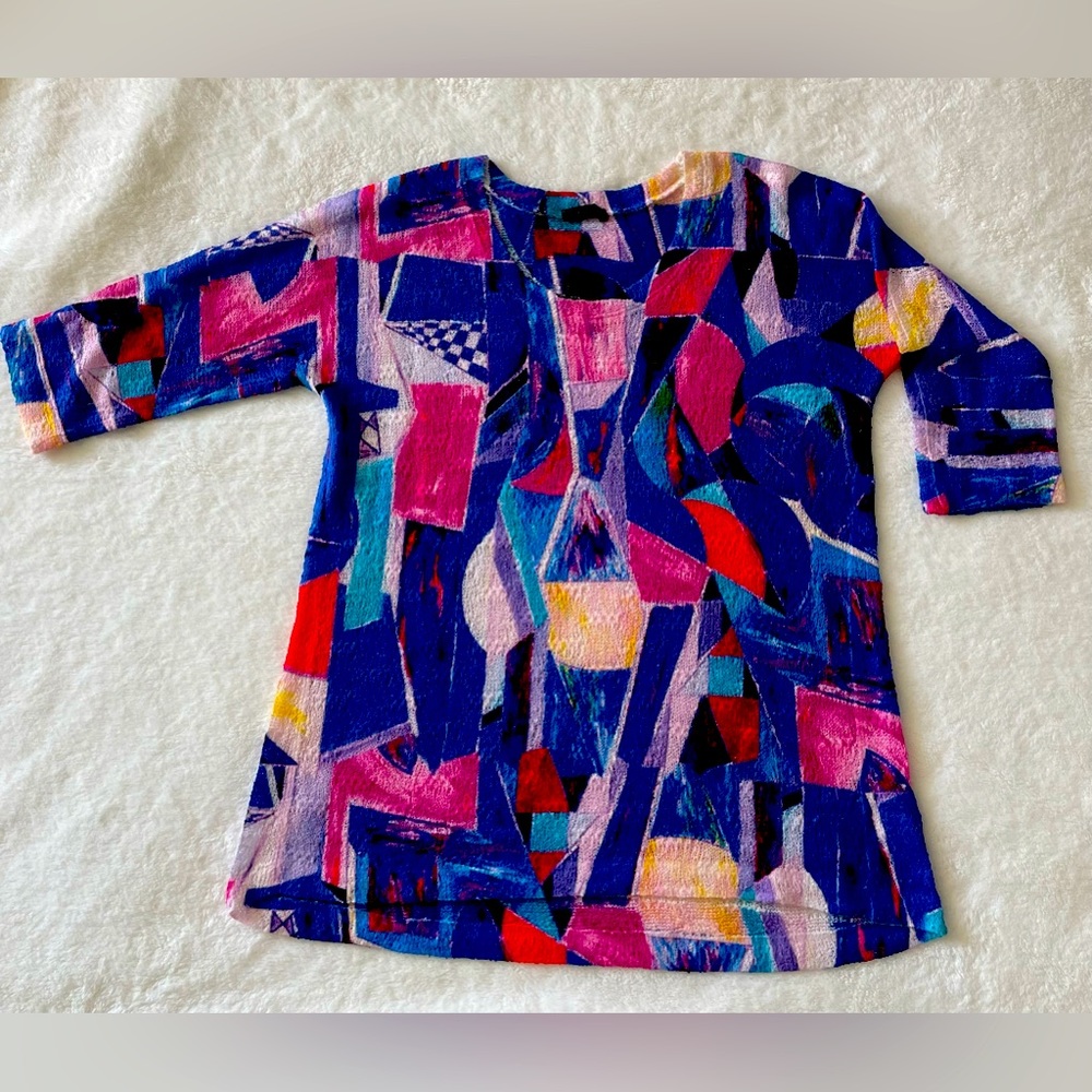 NALLY & MILLIE Geometric Colorful Knit Tunic 3/4 Sleeve Hi-Lo size L
